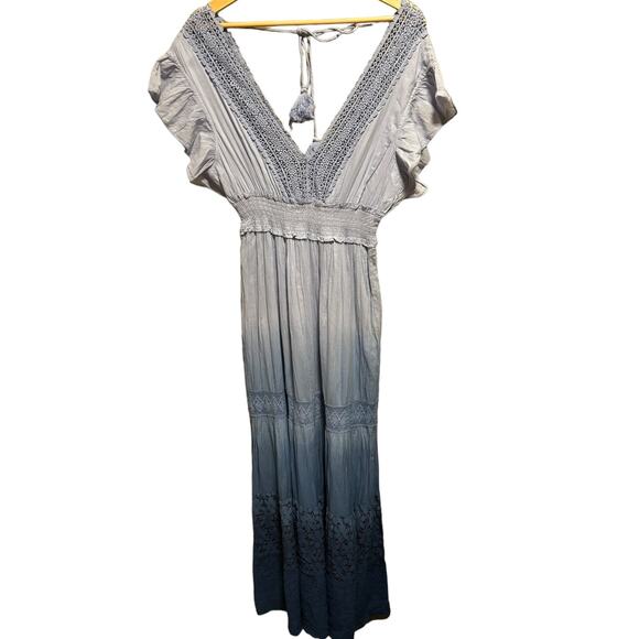New Raga Ombre Maxi Dress Women's Size S Rare Sample Blues Lace Eyelet Tassels - Picture 1 of 14